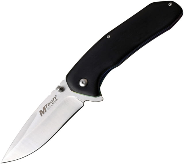 Mtech Linerlock A/O Folding Knife 4.5in Closed 3.5in Satin SS Drop Point Black Pakkawood Handle Thumb Stud Pocket Clip Spectrum SS Handle Liners