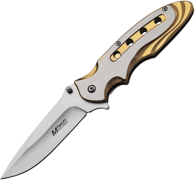 Mtech Linerlock A/O Folding Knife 4.75in Closed 3.75in Satin SS Drop Point SS Handle Pocket Clip Thumb Stud Gold Titanium Coated And Brushed Finish - Mtech