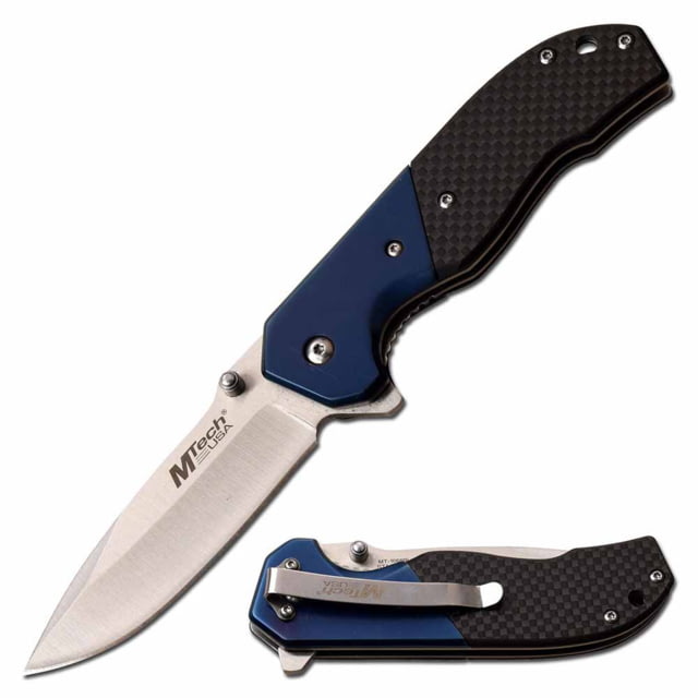 Mtech Manual Folding Knife 3.25in 3CR13 Stainless Steel Spear Point Steel Blade Stainless Steel/Carbon Fiber Handle Blue