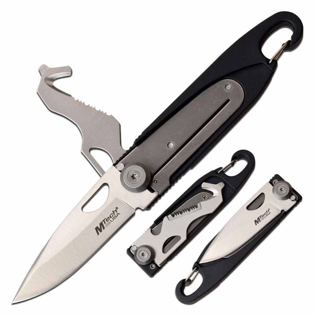 Mtech  Manual Folding Knife 2.5in 3CR13 Stainless Steel Drop Point Steel Blade Nylon Fiber Handle w/Multitool Blade and Carabiner Black