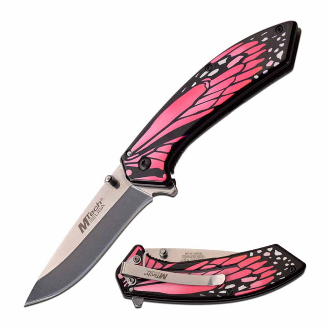 Mtech  Spring Assisted Knife 3.25in 3CR13 Stainless Steel Recurved Steel Blade Stainless Steel Handle Black/Pink - Mtech