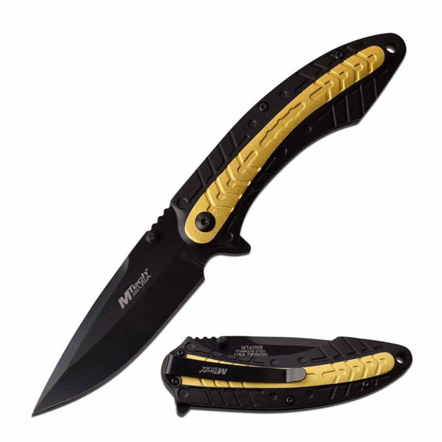 Mtech  Spring Assisted Knife 3.5in 3CR13 Stainless Steel Spear Point Black Blade Aluminum Handle Black/Yellow