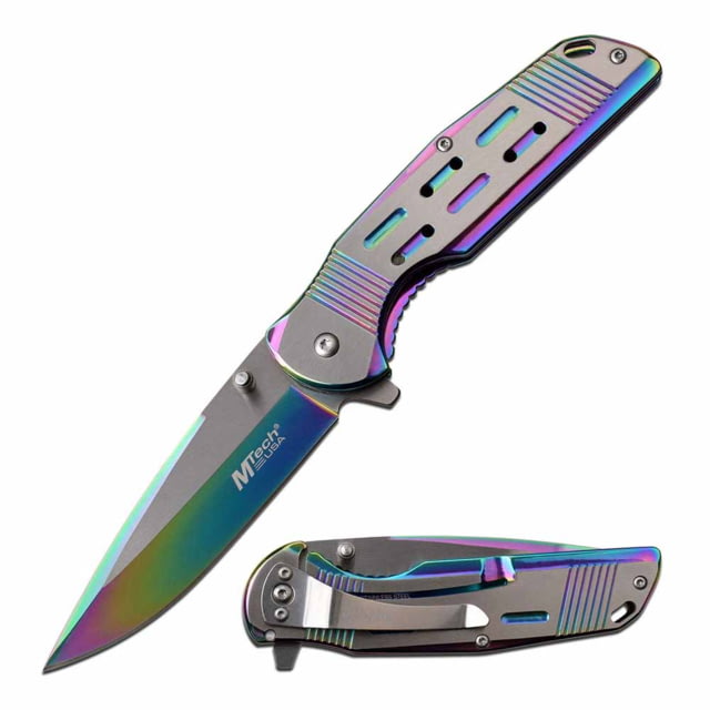 Mtech  Spring Assisted Knife 3.5in 3CR13 Stainless Steel Spear Point Rainbow/Satin Blade Stainless Steel Handle Rainbow/Satin - Mtech