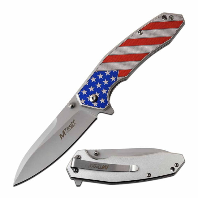 Mtech  Spring Assisted Knife 3.5in 3CR13 Stainless Steel Spear Point Steel Blade Aluminum Handle American Flag Design Flag - Mtech