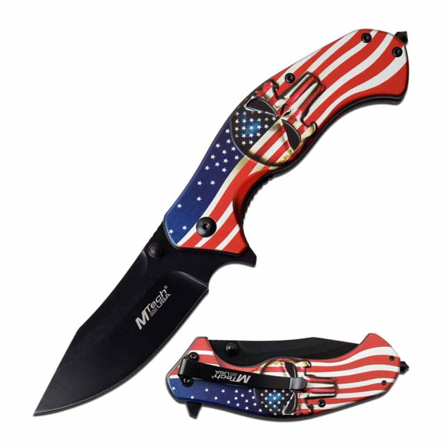 Mtech  Spring Assisted Knife 3.5in 3CR13 Stainless Steel Recurved Black Blade Aluminum Handle American Flag Design Flag - Mtech