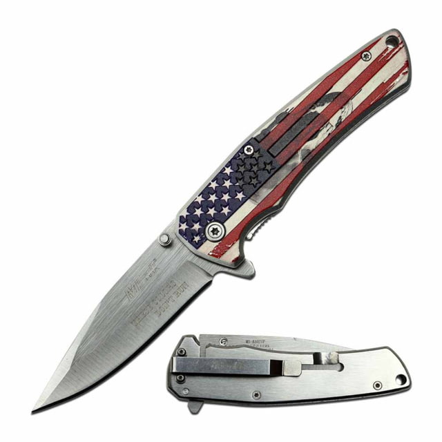 Mtech  Spring Assisted Knife 3.25in 3CR13 Stainless Steel Spear Point Steel Blade Aluminum Handle American Flag Design Flag - Mtech