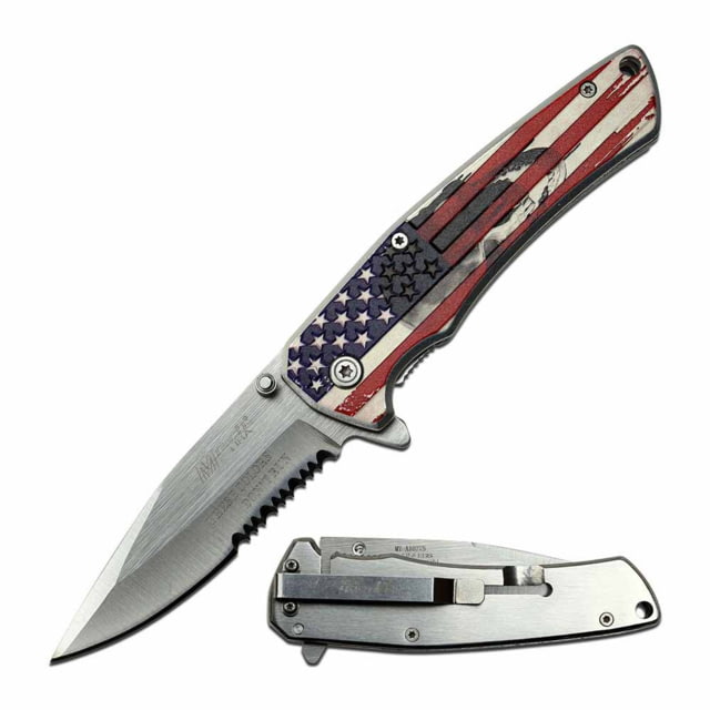 Mtech  Spring Assisted Knife 3.25in 3CR13 Stainless Steel Spear Point Half-Serrated Steel Blade Aluminum Handle American Flag Design Flag - Mtech