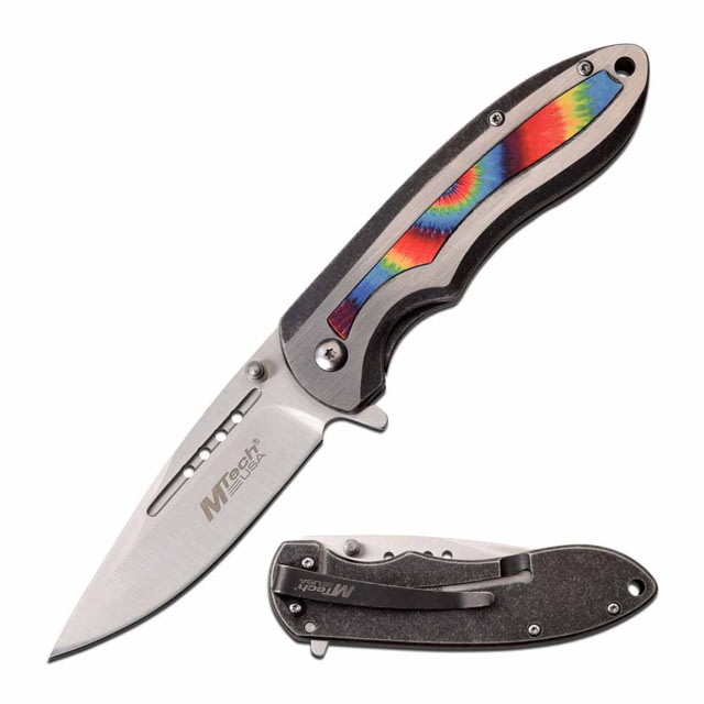 Mtech  Spring Assisted Knife 3.5in 3CR13 Stainless Steel Spear Point Steel Blade Stainless Steel Handle Multicolored Design Steel - Mtech
