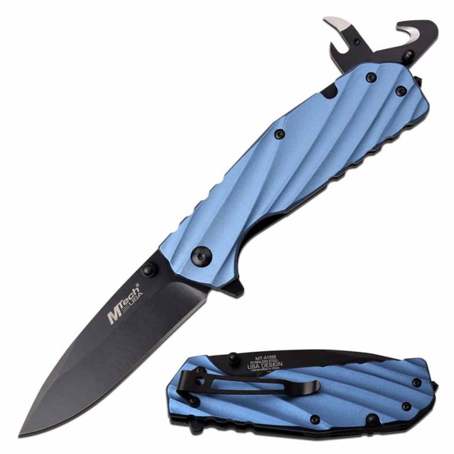Mtech  Spring Assisted Knife 3.5in 3CR13 Stainless Steel Drop Point Black Blade Aluminum Handle Blue