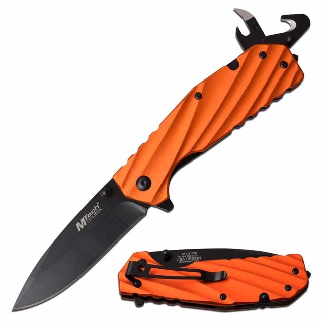 Mtech  Spring Assisted Knife 3.5in 3CR13 Stainless Steel Drop Point Black Blade Aluminum Handle Orange - Mtech