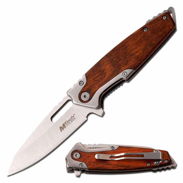 Mtech  Spring Assisted Knife 3.25in 3CR13 Stainless Steel Drop Point Black Blade Stainless Steel/Pakkawood Handle Brown - Mtech