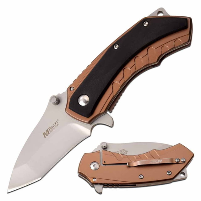 Mtech  Spring Assisted Knife 2.5in 3CR13 Stainless Steel Tanto Steel Blade Stainless Steel/Pakkawood Handle Black/Bronze - Mtech