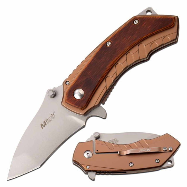 Mtech  Spring Assisted Knife 3.5in 3CR13 Stainless Steel Tanto Steel Blade Stainless Steel/Pakkawood Handle Brown/Bronze - Mtech