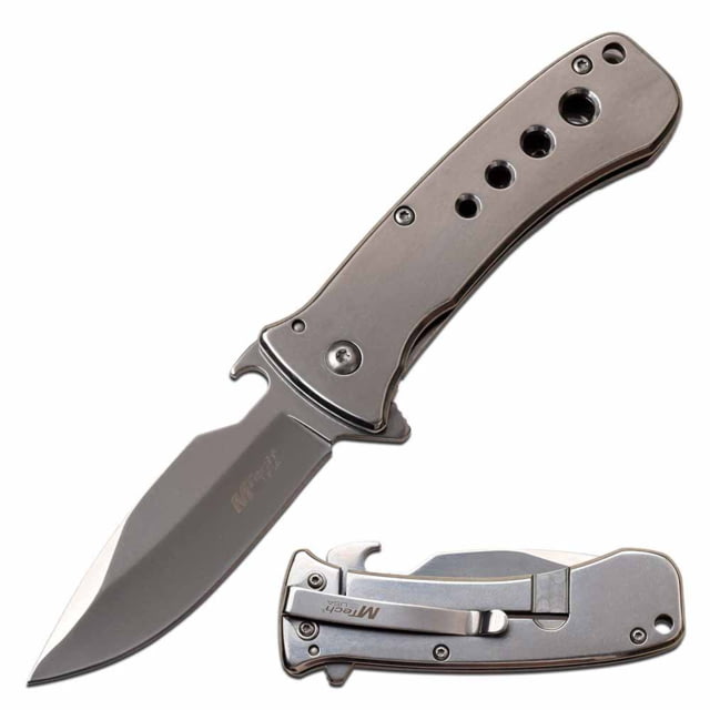 Mtech  Spring Assisted Knife 3in 3CR13 Stainless Steel Spear Point Mirror Blade Stainless Steel Handle Mirror - Mtech