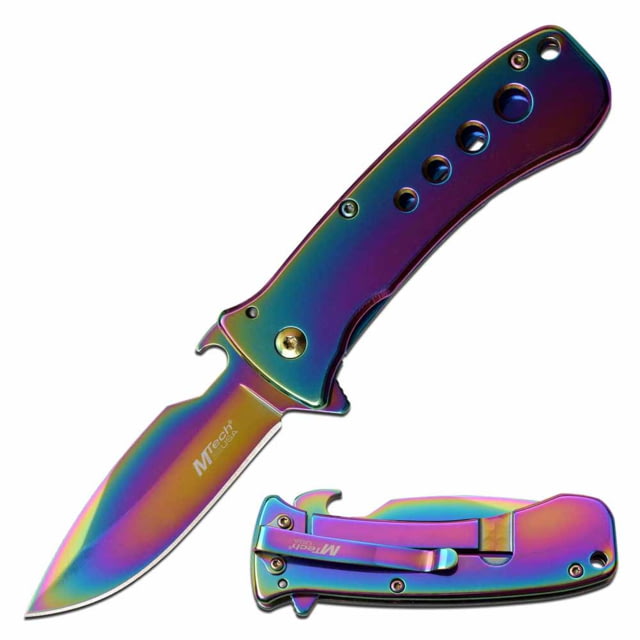 Mtech  Spring Assisted Knife 3in 3CR13 Stainless Steel Spear Point Rainbow Blade Stainless Steel Handle Rainbow - Mtech