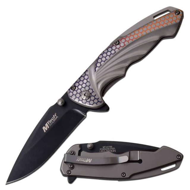 Mtech  Spring Assisted Knife 3.5in 3CR13 Stainless Steel Spear Point Black Blade Stainless Steel Handle Gray - Mtech