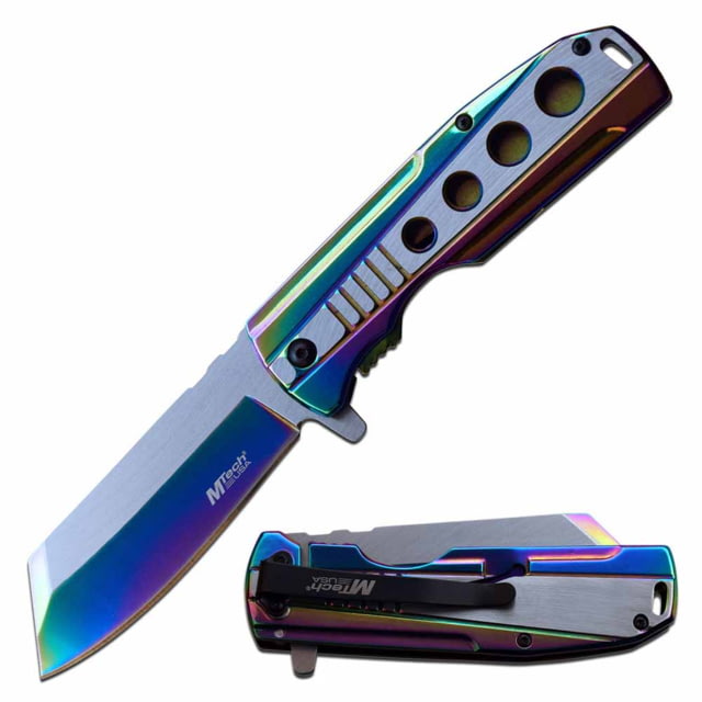 Mtech  Spring Assisted Knife 3.75in 3CR13 Stainless Steel Reversed Tanto Blue/Steel Blade Stainless Steel Handle Rainbow - Mtech