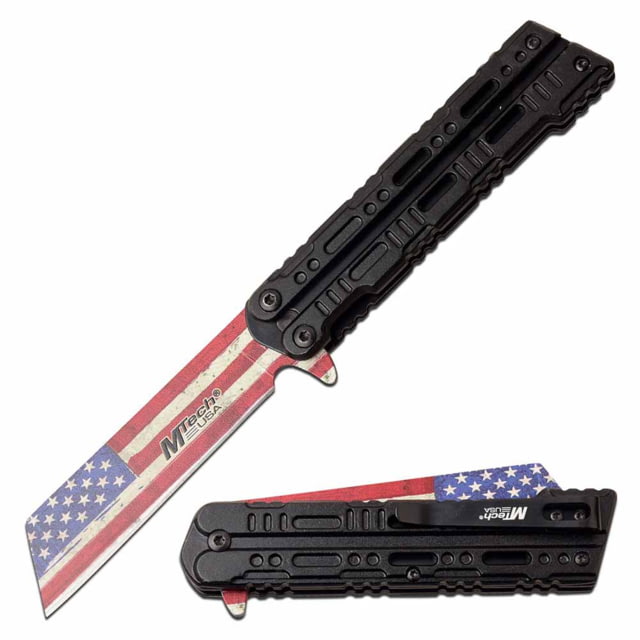Mtech  Spring Assisted Knife 3.5in 3CR13 Stainless Steel Reversed Tanto Printed Blade Aluminum Handle Black