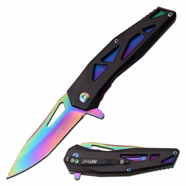 Mtech  Spring Assisted Knife 3in 3CR13 Stainless Steel Spear Point Rainbow Blade Aluminum Handle Black/Rainbow - Mtech