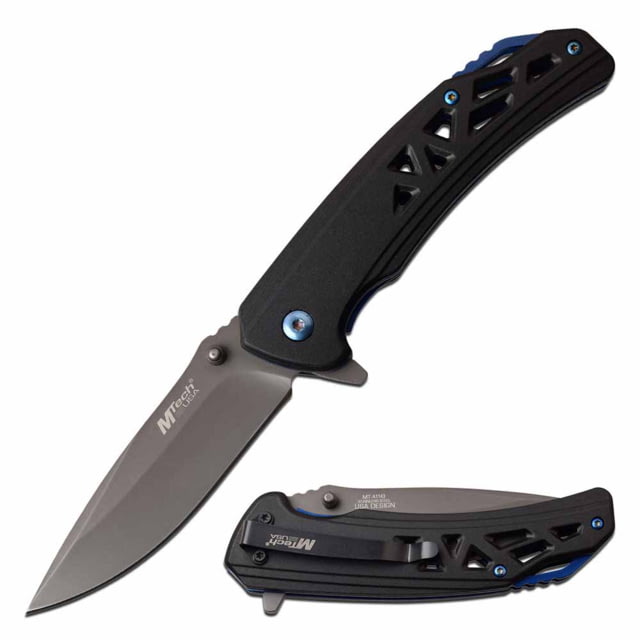 Mtech  Spring Assisted Knife 3.5in 3CR13 Stainless Steel Spear Point Gray Blade Aluminum Handle Black/Blue - Mtech