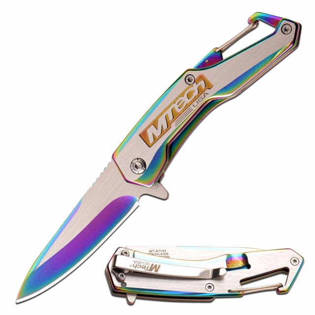 Mtech  Spring Assisted Knife 2.75in 3CR13 Stainless Steel Spear Point Rainbow/Steel Blade Stainless Steel Handle Rainbow/Steel - Mtech