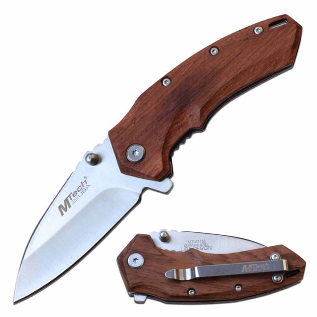Mtech  Spring Assisted Knife 2.75in 3CR13 Stainless Steel Drop Point Steel Blade Pakkawood Handle Brown - Mtech