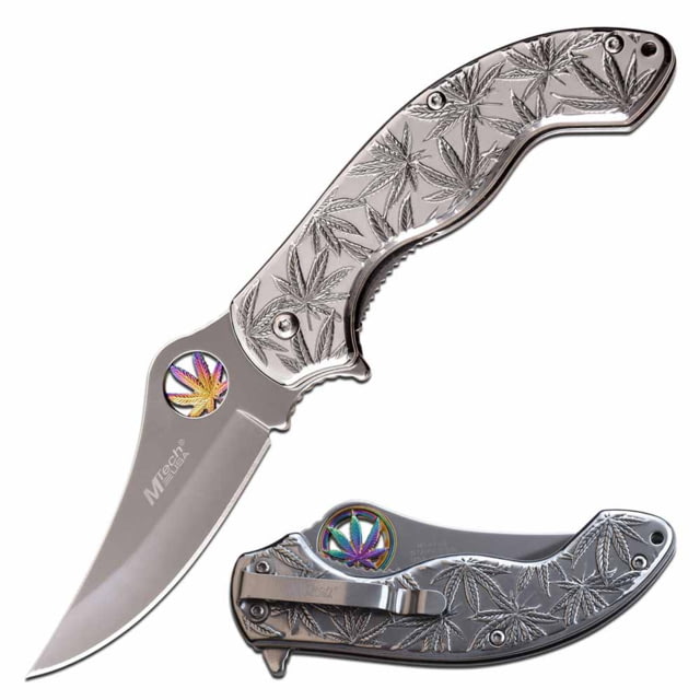 Mtech  Spring Assisted Knife 3.25in 3CR13 Stainless Steel Trailing Point Mirror Blade Stainless Steel Handle Mirror - Mtech
