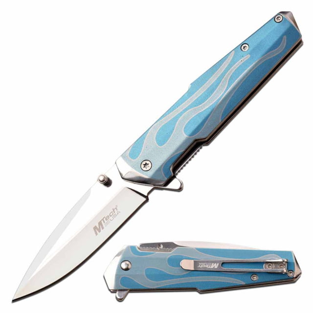 Mtech  Spring Assisted Knife 3.1in 3CR13 Stainless Steel Spear Point Steel Blade Stainless Steel Handle Blue