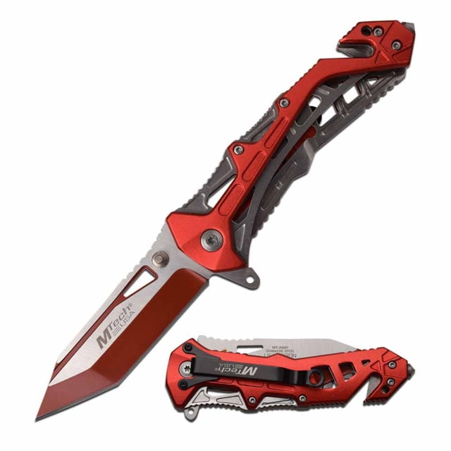 Mtech  Spring Assisted Knife 3.25in 3CR13 Stainless Steel Modified Tanto Red Blade Aluminum Handle Red/Gray - Mtech