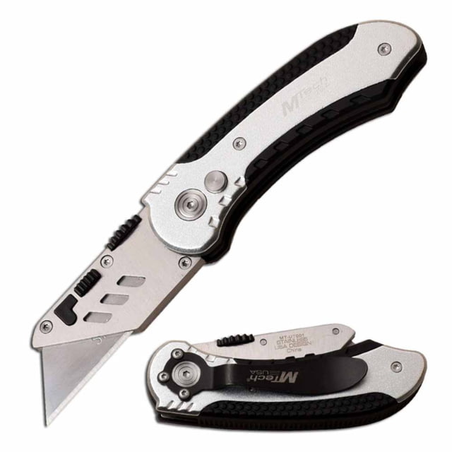 Mtech  Manual Folding Knife 2.5in SK5 High Carbon Steel Straight Edge Steel Blade Aluminum/Rubber Handle Silver/Black - Mtech