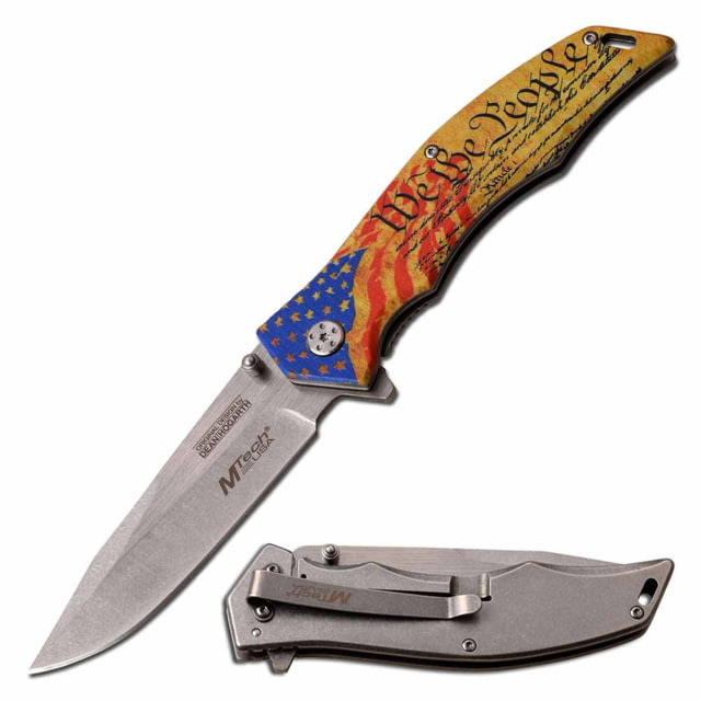 Mtech MU-A098FC Spring Assisted Knife 3.75in Stainless Steel Spear Point Stonewashed Blade Stainless Steel Handle w/ American Flag Design - Mtech