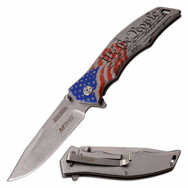 Mtech MU-A098SW Spring Assisted Knife 3.75in Stainless Steel Spear Point Stonewashed Blade Stainless Steel Handle w/ American Flag Design - Mtech