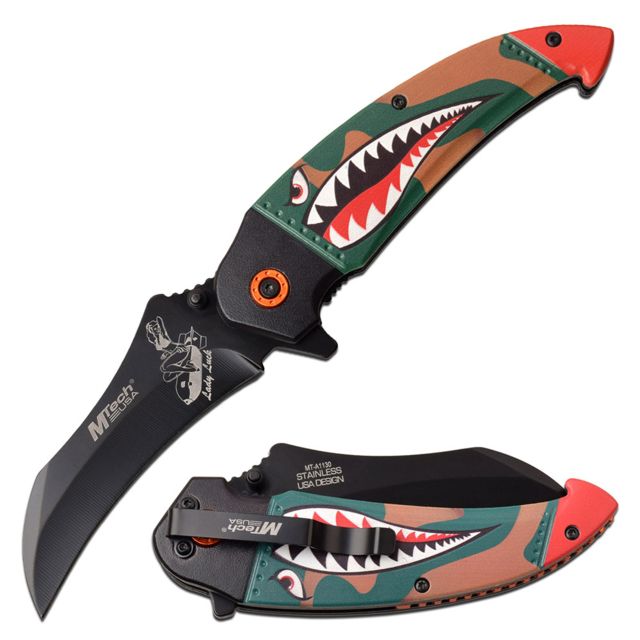 Mtech Spring Assisted Folding Knive 3.5in Blade Bomb Girl Art 3CR13 Steel Blade Knive Green/Camo - Mtech