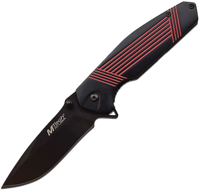 Mtech Stripe Framelock A/O Folding Knife 3.5" black finish 3Cr13 stainless blade Black and red anodized aluminum handle - Mtech