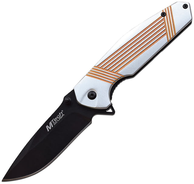 Mtech Stripe Framelock A/O Folding Knife 3.5" black finish 3Cr13 stainless blade Gray and orange anodized aluminum handle - Mtech