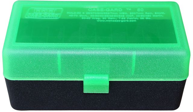 MTM Case-Gard 50 Flip Top Rifle Ammo Box For WSM And 45-70 Mechanical Hinge Clear Green/Black