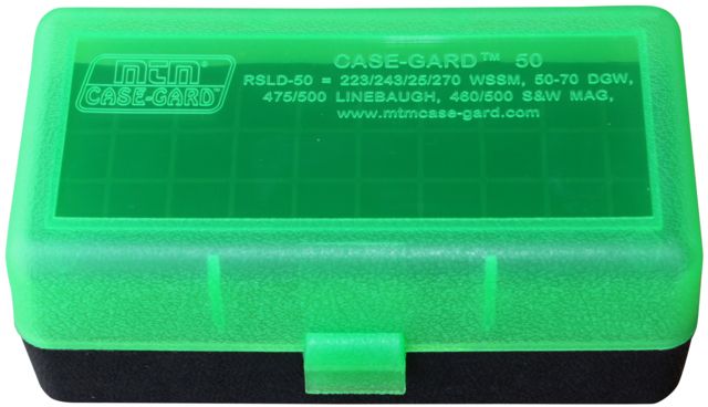 MTM Case-Gard 50 Flip Top Rifle Ammo Box For WSSM And .500 S&W Mech Hinge Clear Green/Black