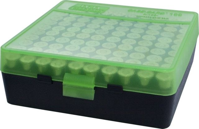 MTM P-100 Fliptop Box .38 Special To .357 Magnum, Clear Green/Black, P-100-3-16T by USA MTM Reloading Ammo Boxes