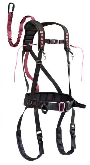 Muddy Safeguard Harness includes Lineman's Belt Tree Strap Suspension Releif Strap Caribiner Black/Pink S/M MSH405-SM