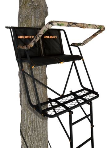 Muddy Side-Kick 2-Man Ladderstand includes 1-1in Ratchet Strap 2-1in Stabilizer Straps 2-Full Body Arrest Harnesses Adjustable Support Bar Padded
