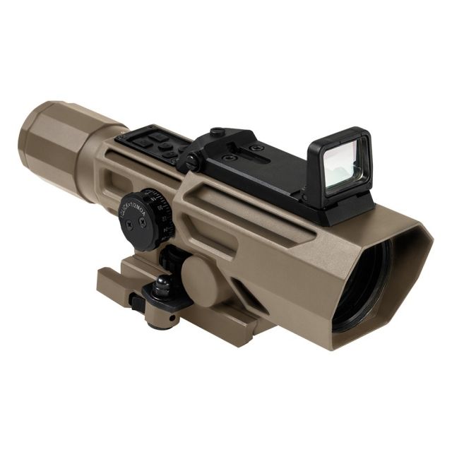 NcSTAR ADO Scope w/Flip Up Red Dot OpticIntergrated Red DotP4 Sniper ReticleRed/Blue Illumination Tan