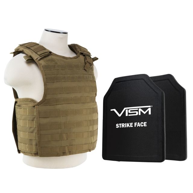 NcSTAR Quick Release Carrier Vest w/Two 11x14in Shooters Cut Hard PE Ballistic Panels Tan Medium - 2XL - Ncstar