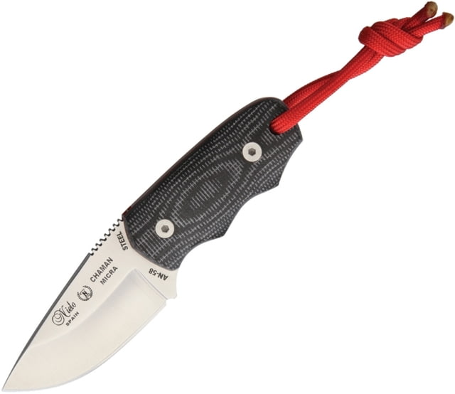 Nieto Chaman Micra Neck Knife Fixed Blade Knife 4.88in Overall 2.25in Satin An-58 SS Drop Point Black Canvas Micarta Handle Black Kydex Neck Sheath - Nieto
