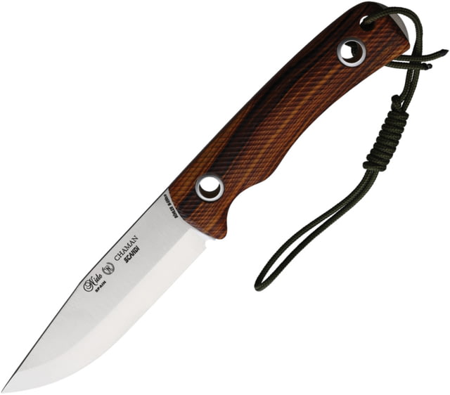 Nieto Chaman Scandi Cocobolo Knife 8.25in Overall 4in Satin Scandi Grind Bohler N690 SS Blade Grooved Cocobolo Wood Handle Brown Leather Belt Sheath - Nieto