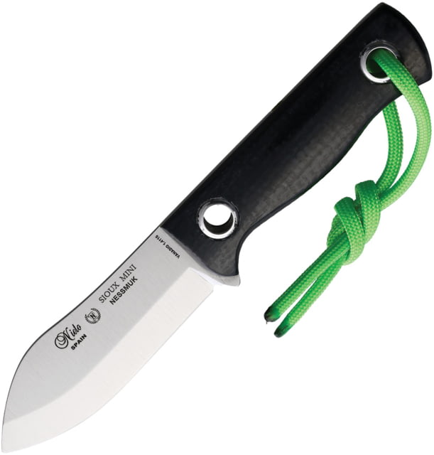Nieto Sioux Nessmuk Mini Yute Knife 6.38in Overall 3in Satin 1.4116 Stainless Steel Blade Black Yute Micarta Handle Black Leather Belt Sheath - Nieto