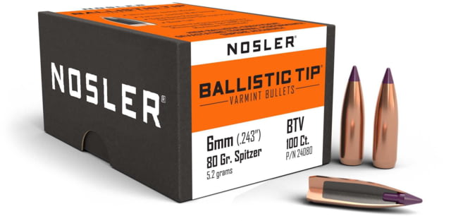 Nosler 24080 Ballistic Tip Varmint 6mm .243 80 GR Spitzer Point 100 Box by USA Nosler Reloading Bullets & Shot