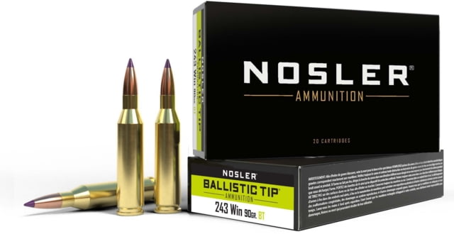 Nosler .243 Winchester 90 Grain Ballistic Tip Brass Cased Centerfire Rifle Ammo 20 Rounds ler .243 Winchester 90 Grain Ballistic Tip Brass Cased Centerfire Rifle 20 Rounds Ammo