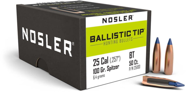 Nosler 25100 Ballistic Tip Hunting 25 Caliber .257 100 GR Spitzer 50 Box by USA Nosler Reloading Bullets & Shot