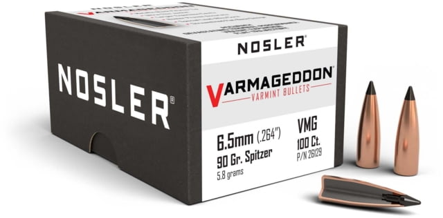 Nosler 26129 Varmageddon 6.5mm .264 90 GR Flat Base Tipped FBT 100 Box by USA Nosler Reloading Bullets & Shot