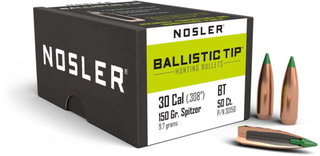 Nosler 30150 Ballistic Tip Hunting 30 Caliber .308 150 GR Spitzer 50 Box by USA Nosler Reloading Bullets & Shot
